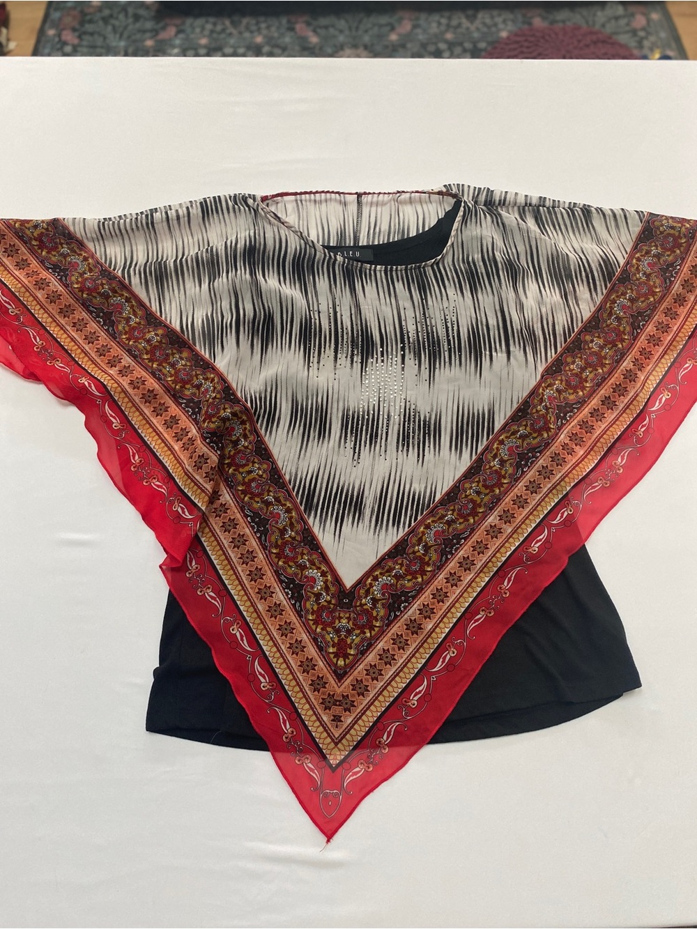 B.L.E.U. Black & White Tunic with Red Paisley V-Scarf Overlay
